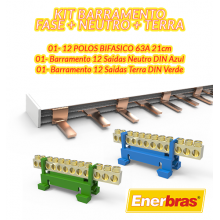 KIT Barramento Bifásico + Neutro 12 saídas + Terra 12 saídas - ENERBRAS